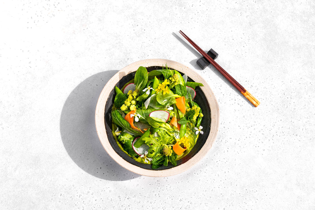 Creamy matcha green goddess dressing by SingleThread, served alongside a bright salad