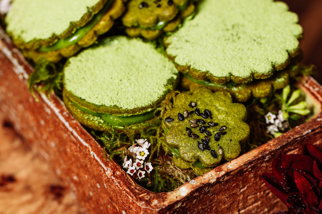 A box of brightly-colored matcha alfajores. An Argentinian-inspired recipe by SingleThread.