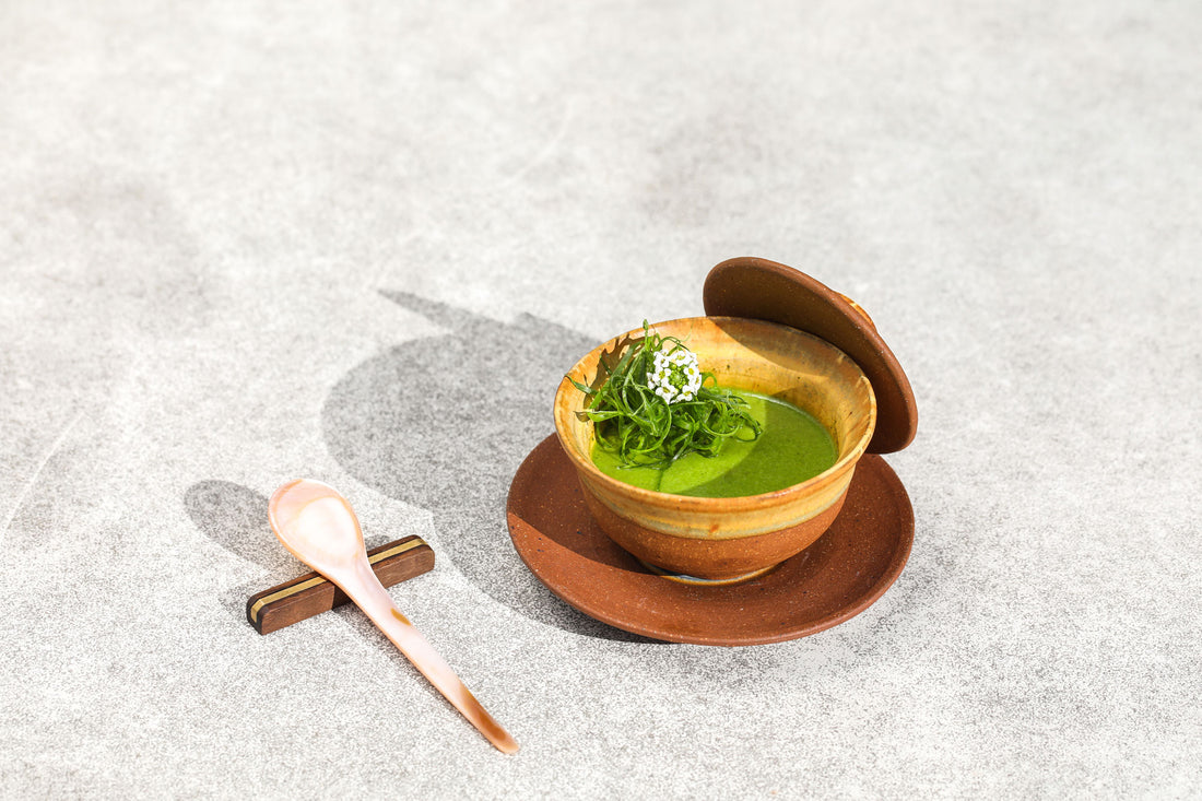 Cuzen Matcha chawan-mushi, garnished with a nest of green onion, by SingleThread.