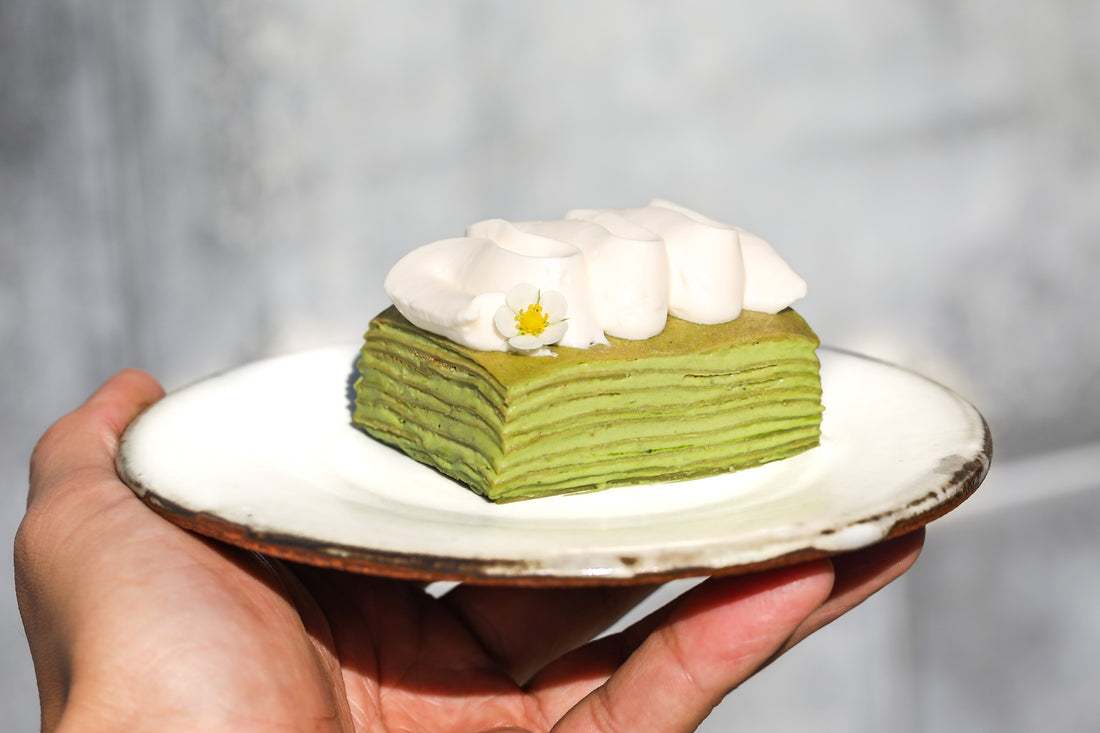 Cuzen matcha crepe cakes layered with matcha whipped cream by SingleThread.