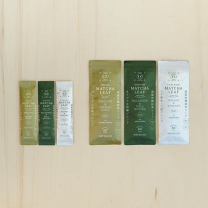 Display of Cuzen Matcha Leaf Blends in 20 gram-packets and 60 gram-packets.