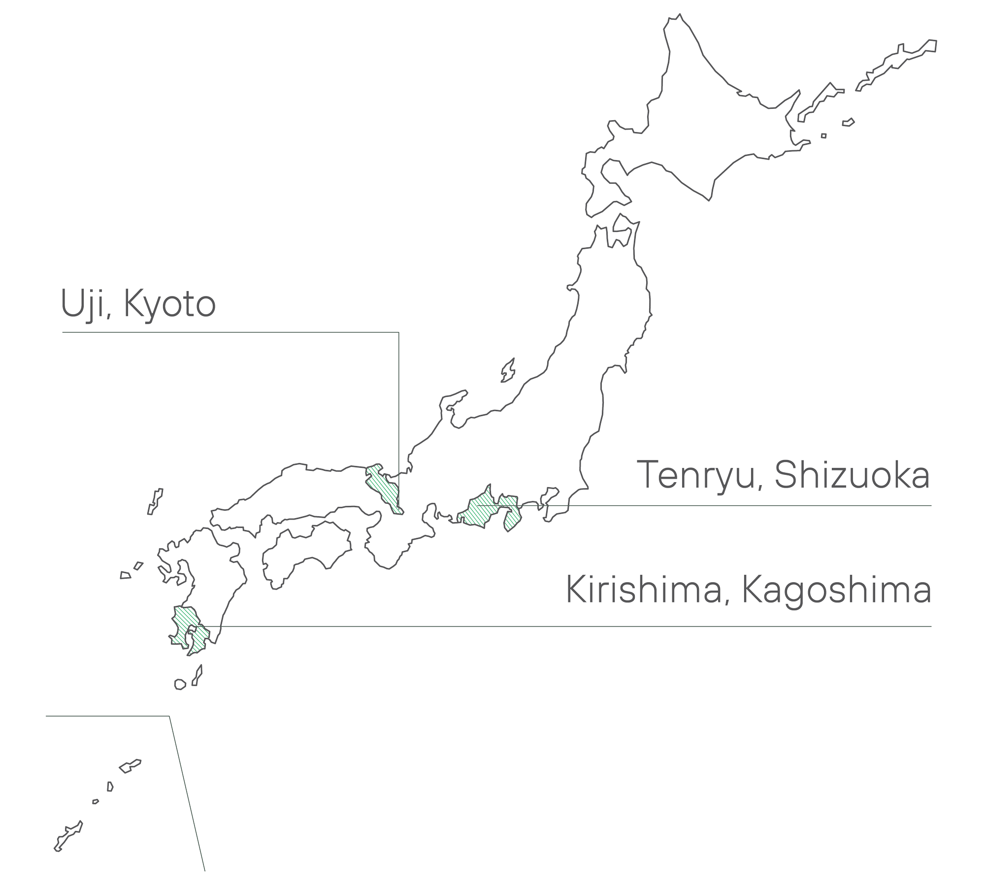A map of Japan, showing where Cuzen Matcha’s Single Origin teas are sourced: Kyoto, Shizuoka, Kagoshima.