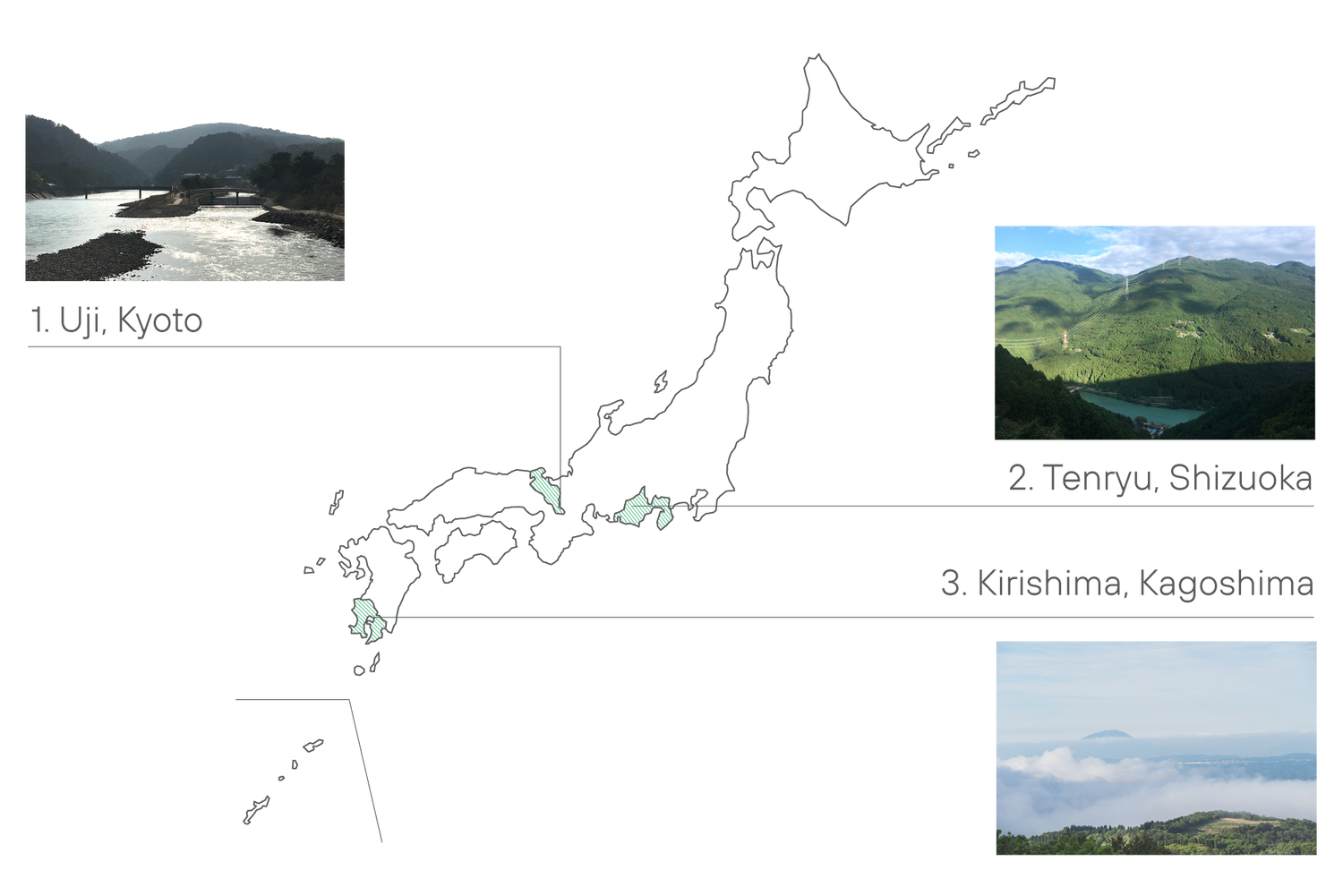 A map of Japan, with three locations highlighted with correlating photos from Kyoto, Shizuoka and Kirishima.