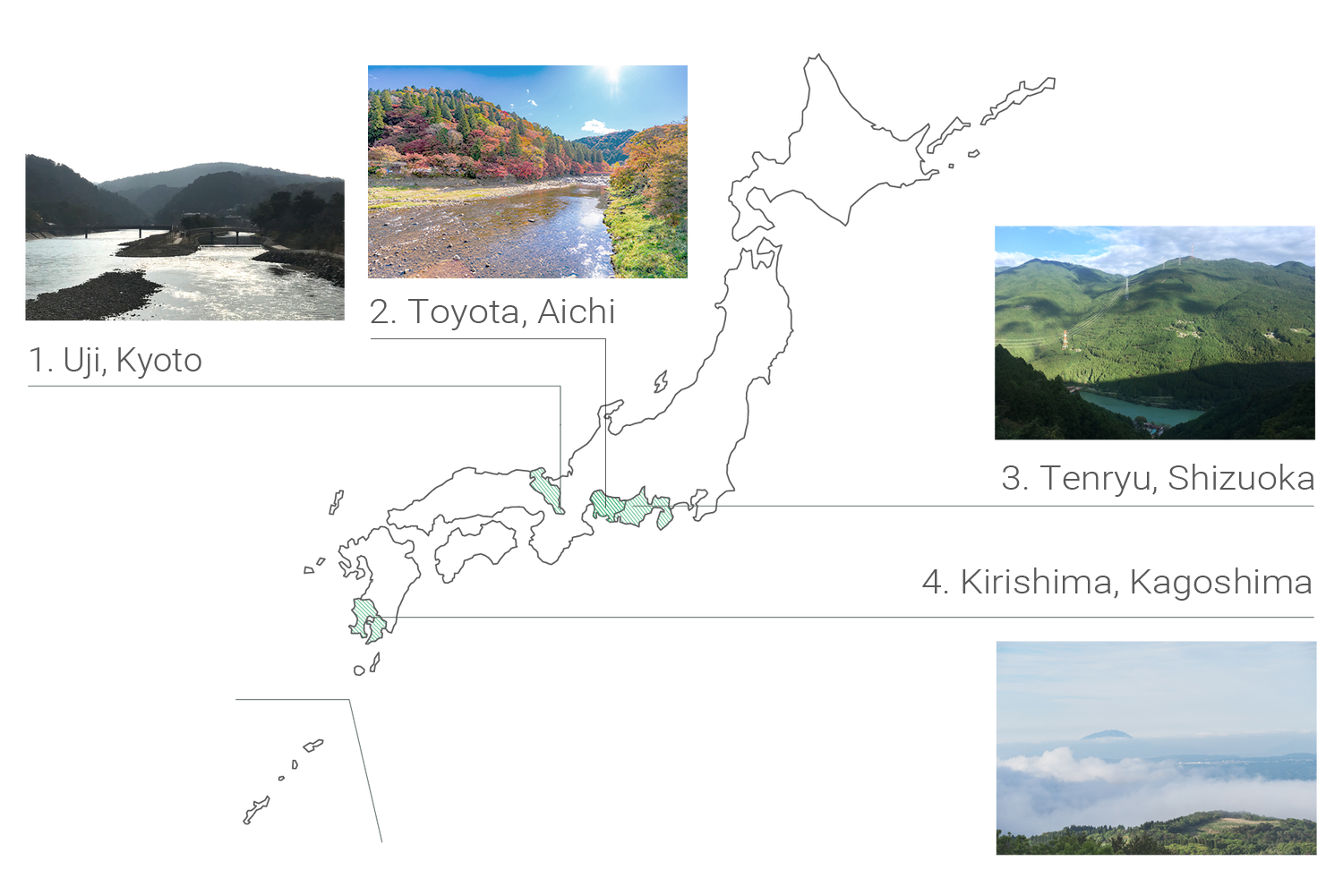 A map featuring images of each location where Cuzen's Organic Single Origin Matcha Leaf originates.