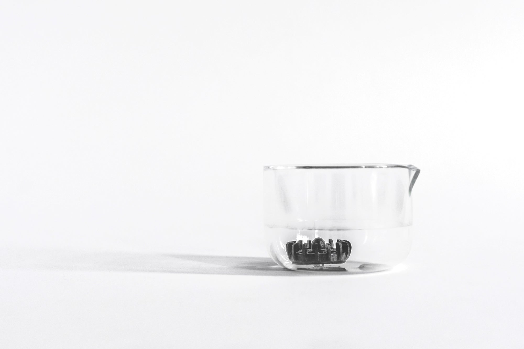 An empty whisking cup with the gray whisk attached inside, sitting on a white surface.