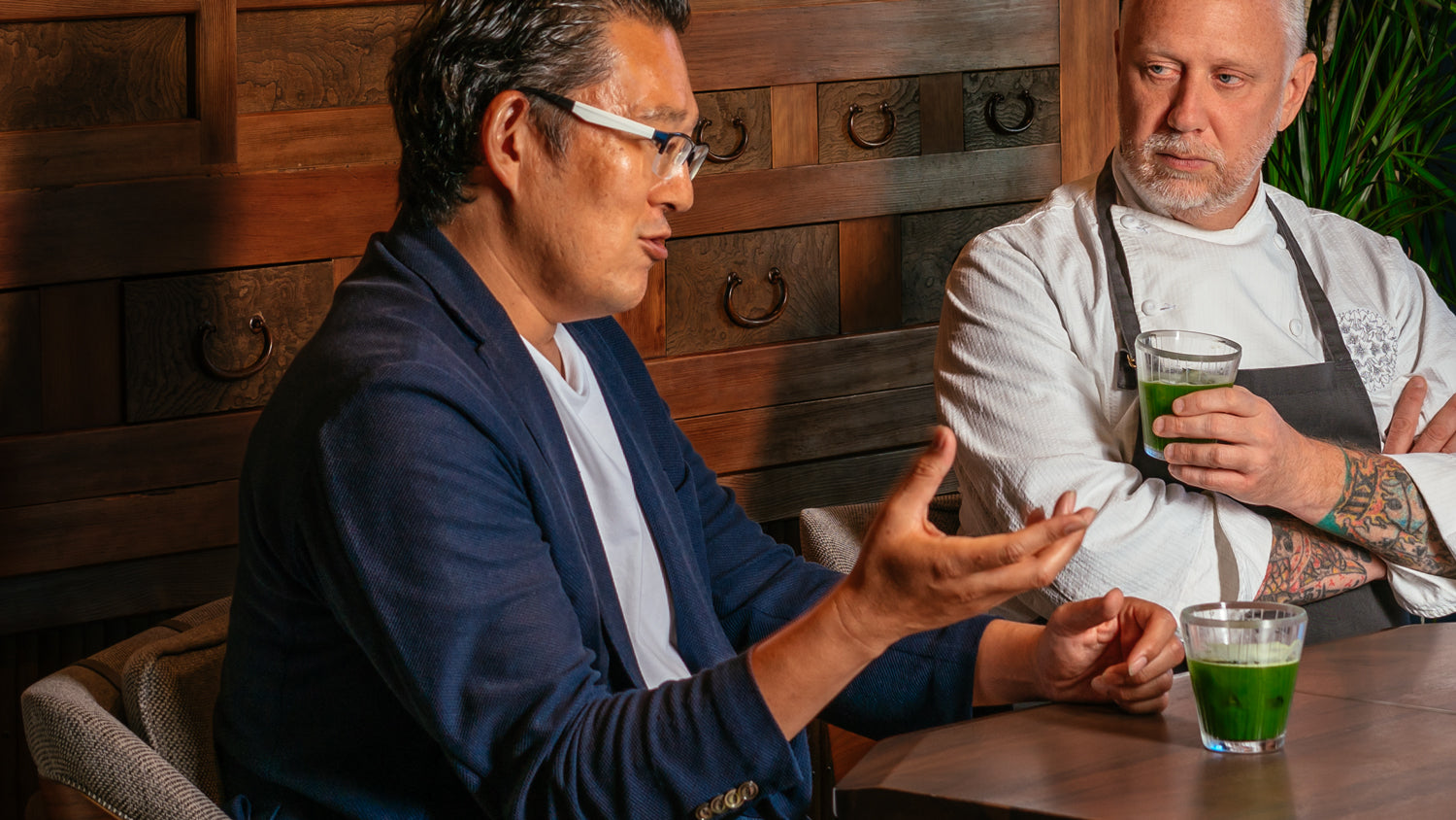 Cuzen Matcha CEO Eijiro Tsukada speaks with SingleThread chef Kyle Connaughton over glasses of sparkling matcha.