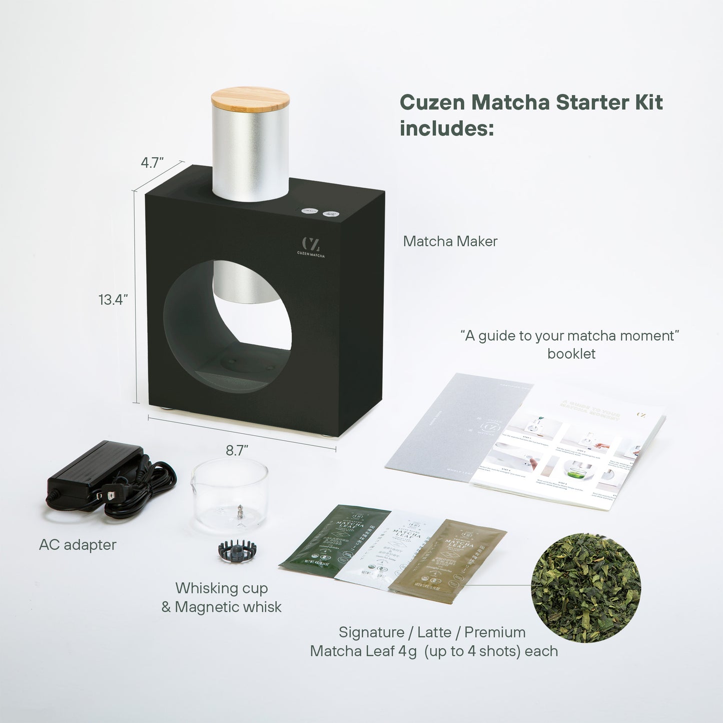 Visual of included items, with dimensions: Matcha Maker, AC adapter, cup & magnetic whisk, 3 Matcha Leaf sample packets.