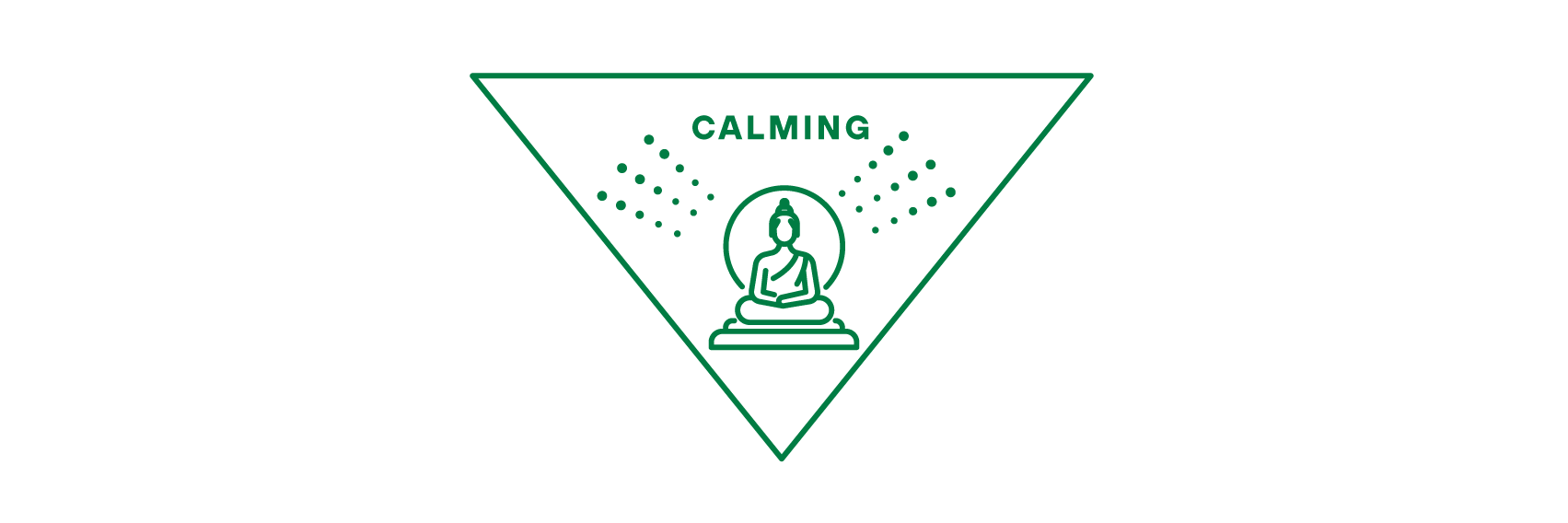 A downward pointing triangle with a Buddha icon and the word "calming," denoting the relaxing effect of matcha.