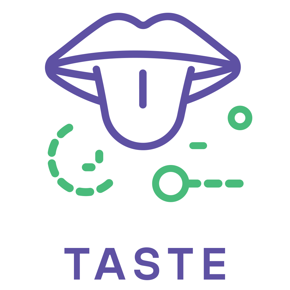 An icon with a tongue sticking out between lips, with the word "taste."