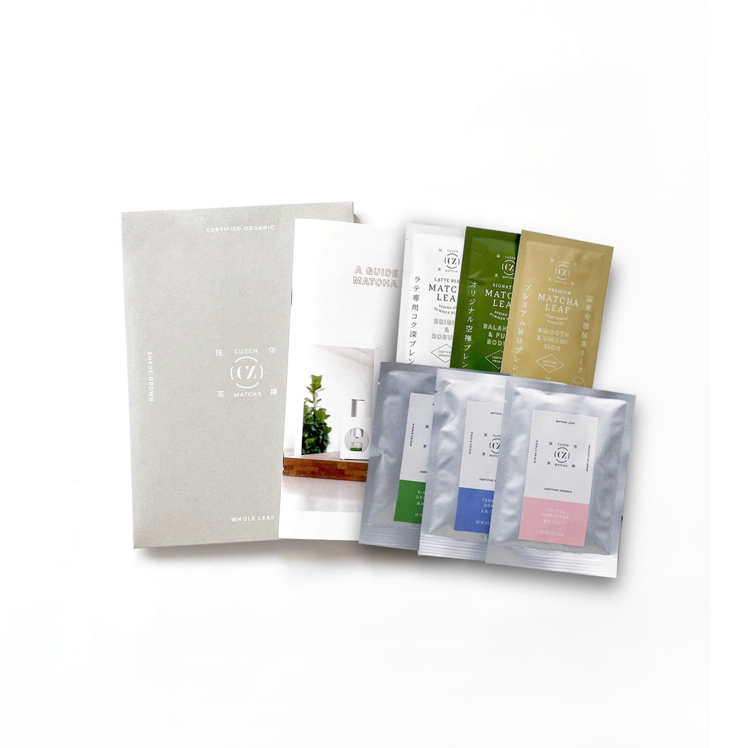 A flight of Cuzen's Organic Matcha Leaf Blends, Single Origins and "A Guide to Your Matcha Moment" booklet.