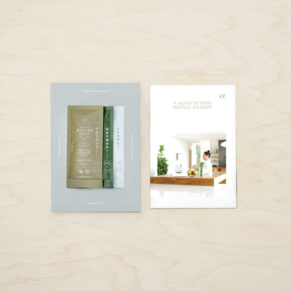  Three Matcha Leaf packets displayed next to “A guide to your matcha moment” booklet.